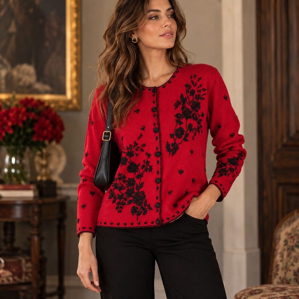 Heirloom Collectibles PL Red Cardigan Floral Embroidered Beaded Ramie Cotton
